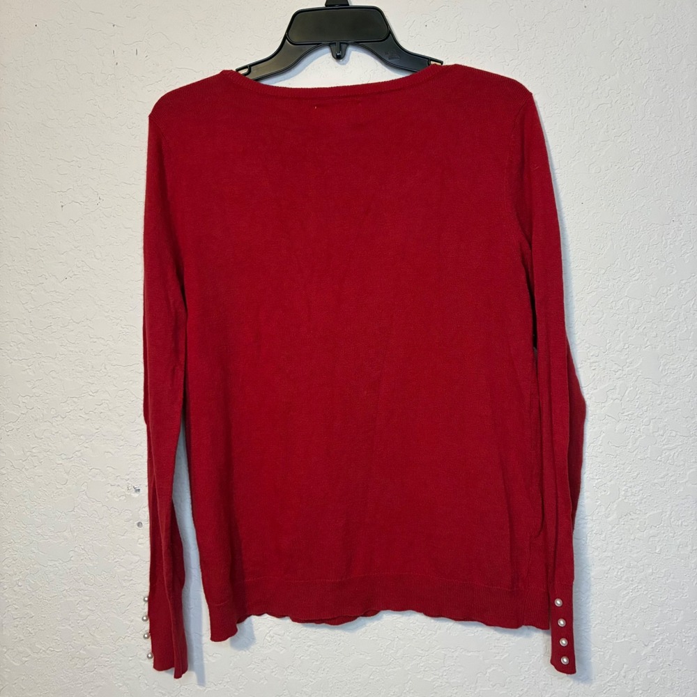 Elle Womens Red Holiday Top Pearl Bow Sweater Small Coquette Crew Knit Party - Picture 10 of 11